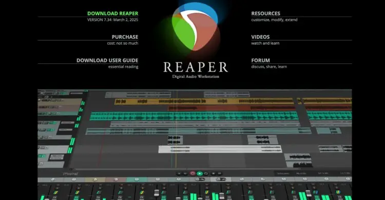 Reaper software homepage showing a digital audio workstation interface used to record a podcast, with options to download, purchase, access user guides, and community resources.