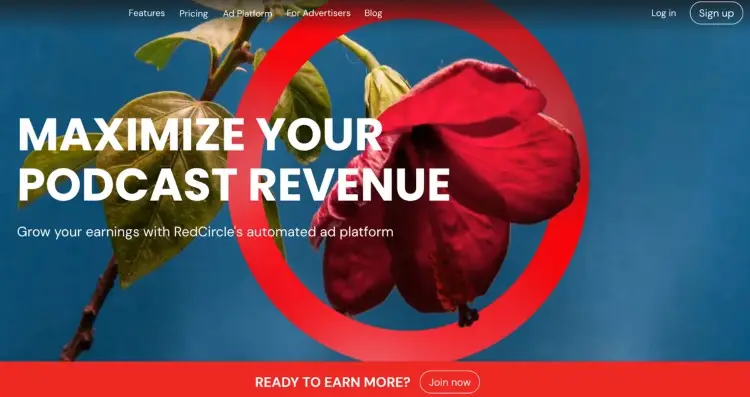 RedCircle homepage highlighting how podcasters can generate revenue through automated ad placements