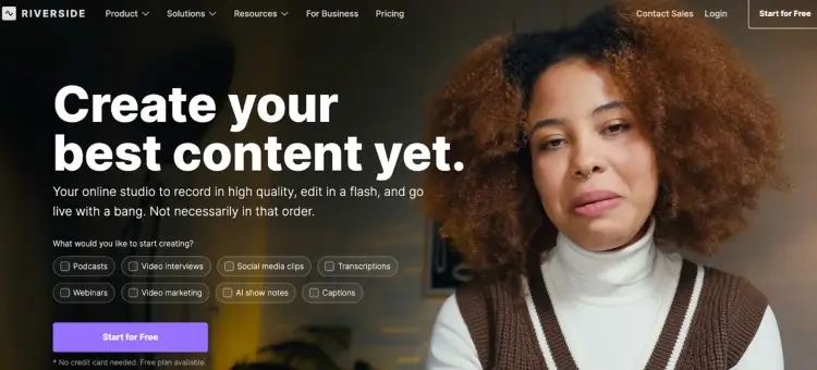 Riverside homepage showcasing a female host with tools to record podcast video, edit quickly, and go live with professional-quality content.