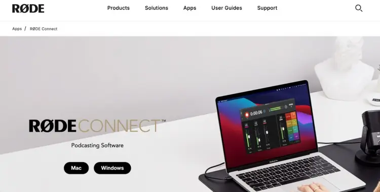 RØDE Connect podcasting software interface shown on a laptop, designed for RØDE mic users to record and mix podcasts.