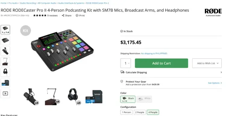 RODECaster Pro II 4-person podcasting kit with Shure SM7B microphones, broadcast arms, headphones, and other essential pieces of equipment.