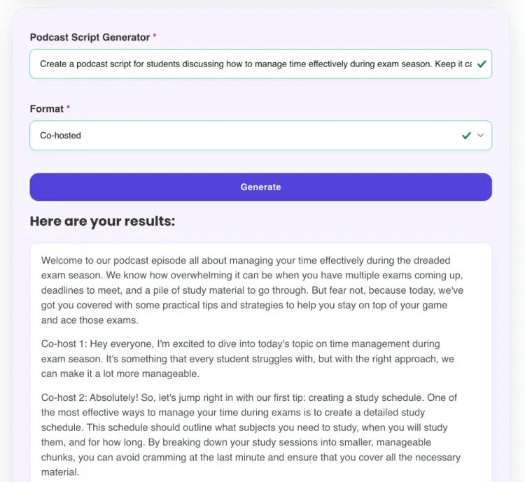 AI-generated script result from a podcast script generator showing a co-hosted episode for students on managing time effectively during exam season.