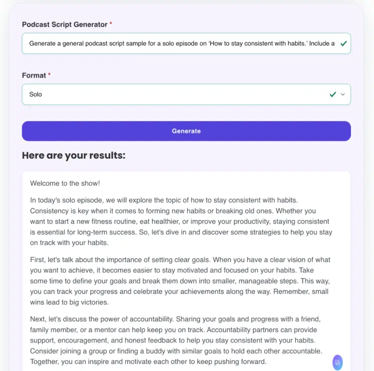 AI-generated script example for a solo podcast episode about how to stay consistent with habits.