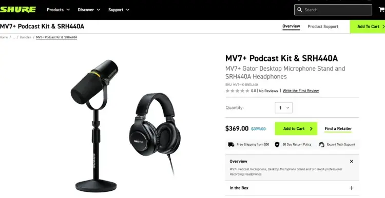 Shure MV7+ podcast package that includes a dynamic microphone, Gator desktop stand, and SRH440A headphones.