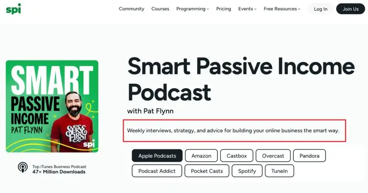 Smart Passive Income Podcast homepage highlighting the show’s brand-driven tagline: "Weekly interviews, strategy, and advice for building your online business the smart way."