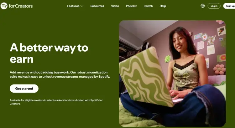 Spotify for Creators homepage promoting a better way to earn for podcasters through its all-in-one monetization platform.