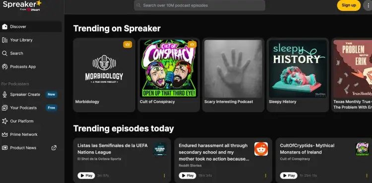Spreaker homepage displaying trending podcasts and episodes with monetization tools