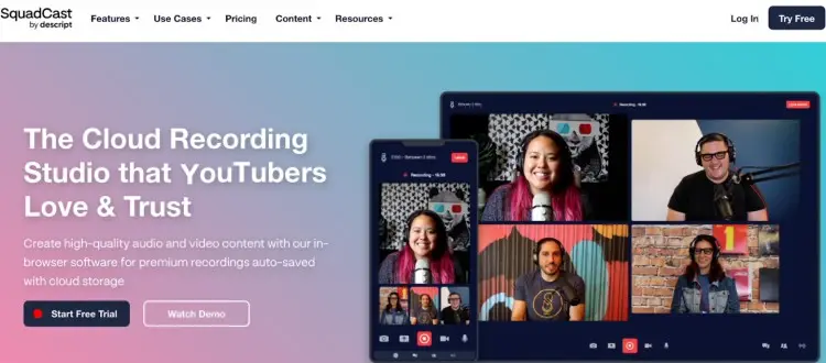 Screenshot of SquadCast's website showing its cloud recording interface used by podcasters and YouTubers for recording audio and video sessions remotely.