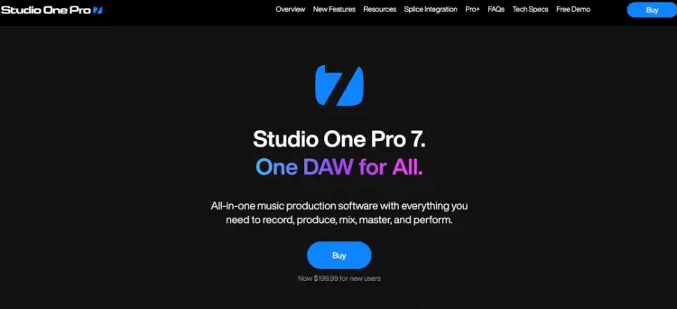 Studio One Pro 7 homepage showcasing all-in-one podcast software tools for recording, editing, and mastering audio.