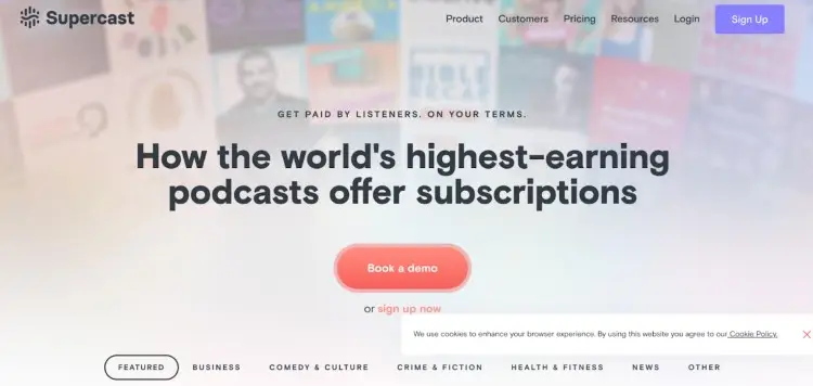 Supercast homepage highlighting subscription tools used by top-earning podcasters to deliver exclusive content and monetize their shows.