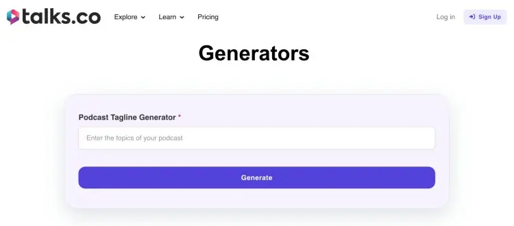 Talks.co free AI podcast tagline generator interface to create show taglines easily.