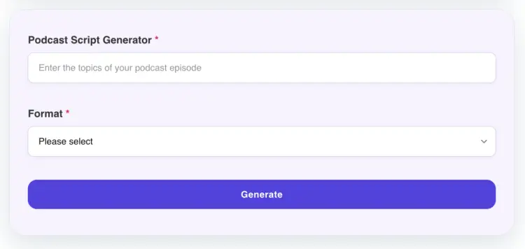 Talks.co podcast script generator helps plan your next episode fast with customizable format and topic entry fields.