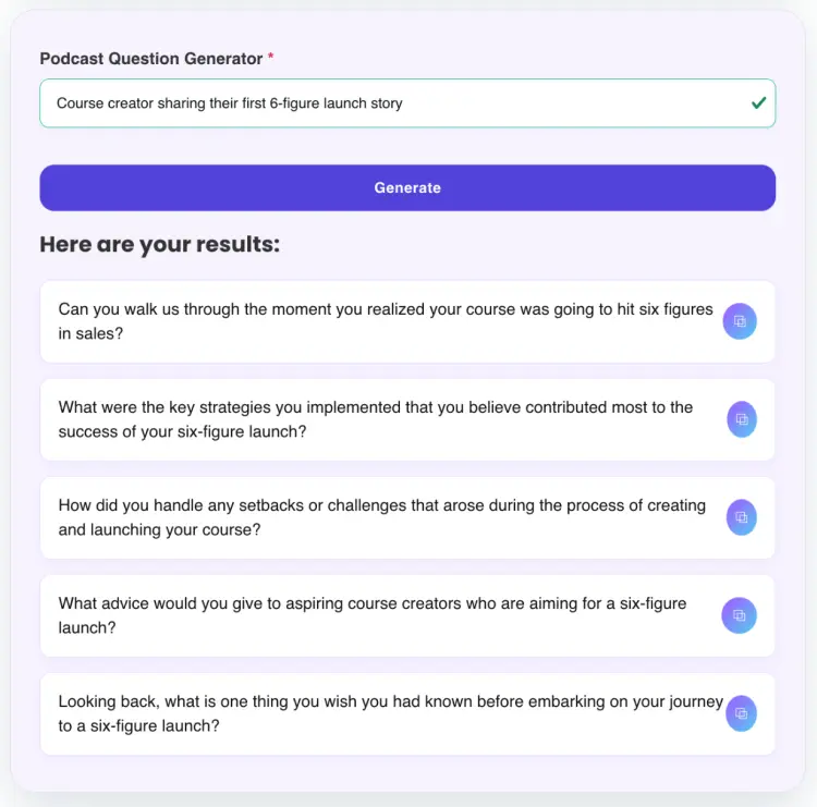 AI-generated podcast questions for content creators sharing their six-figure course launch success story.