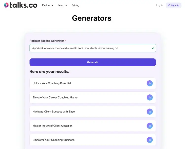 Podcast tagline generator creates taglines for a podcast aimed at career coaches who want to book more clients without burning out.