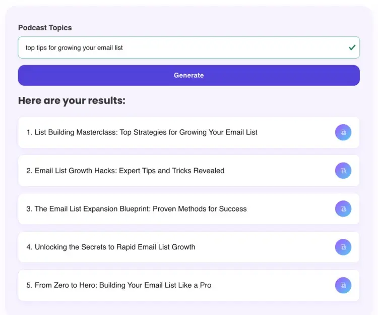 Screenshot of the Talks podcast title generator showing results to help craft titles for a podcast episode on growing your email list.