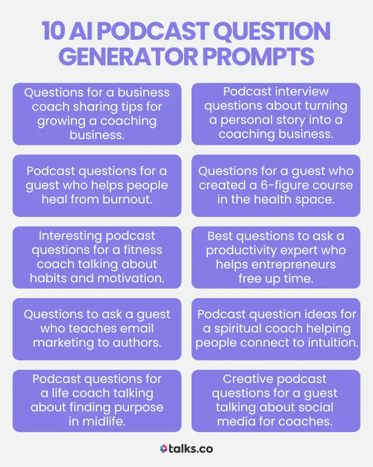 List of 10 AI podcast generator prompts designed to help generate questions for interviews with expert guests.
