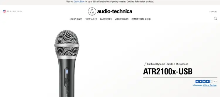 Audio-Technica ATR2100x-USB microphone product page showing a cardioid dynamic USB/XLR mic designed for podcasting and professional audio recording.
