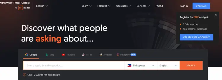 Screenshot of AnswerThePublic, a tool for content creators that helps users discover what people are searching for on platforms like Google, YouTube, and TikTok.