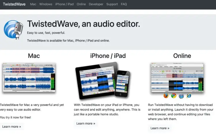 TwistedWave interface for Mac, iPhone/iPad, and web browser, showing its capabilities as an audio editing software for your podcast.