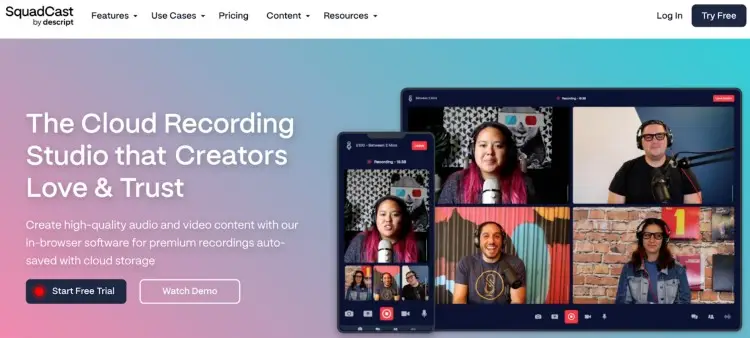 SquadCast cloud recording platform interface showing multiple people recording audio and video remotely, ideal for creators.
