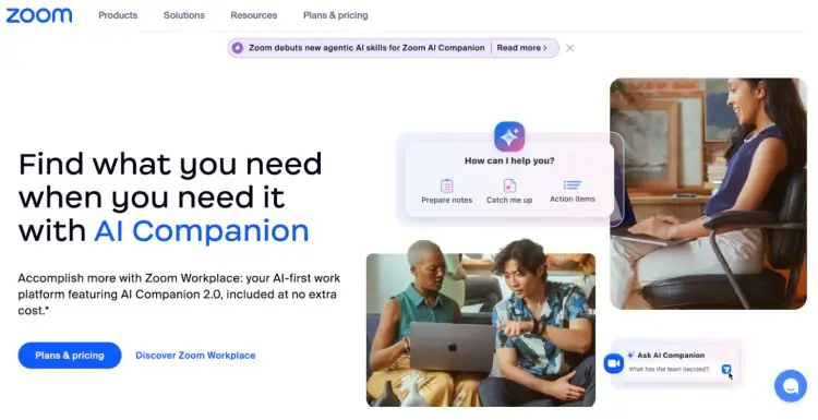 Zoom homepage promoting its AI Companion with visuals of professionals using Zoom to collaborate and communicate efficiently. It highlights how you can use Zoom to record podcasts remotely with smart assistance features.