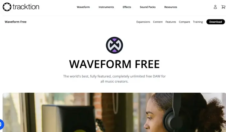 Tracktion Waveform Free homepage showcasing it as a powerful recording app and free DAW for music creators and podcasters.