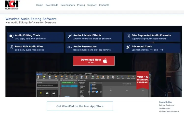WavePad audio editing software homepage showing audio editing tools and features ideal for creating a popular podcast.