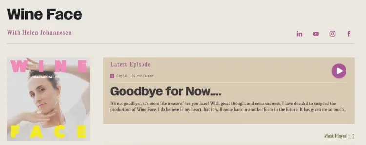 Helen Johannesen’s Wine Face podcast page showing the final podcast episode titled "Goodbye for Now."