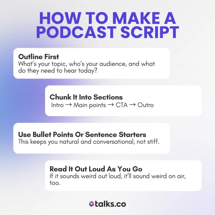Visual guide for writing podcast scripts including outlining, sectioning, bullet points, and reading out loud.