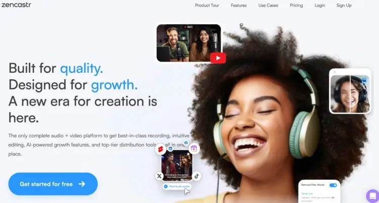 Zencastr homepage showcasing high-quality podcast recording features with a smiling woman wearing headphones and various platform interface previews.