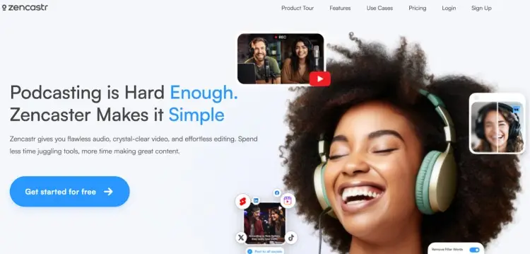 Zencastr homepage showing features for recording a high-quality podcast remotely with clear audio, HD video, and automatic post-production tools.