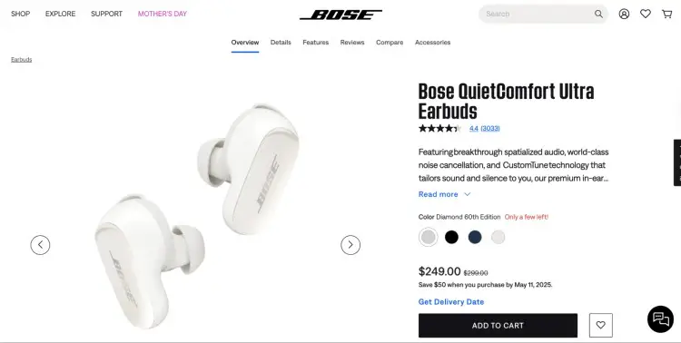 Bose QuietComfort Ultra Earbuds product page – a top-tier gift idea for podcast listeners seeking premium sound