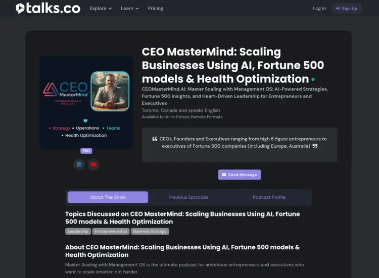 Preview of the CEO MasterMind podcast profile on Talks.co featuring topics like AI, Fortune 500 models, and health optimization.
