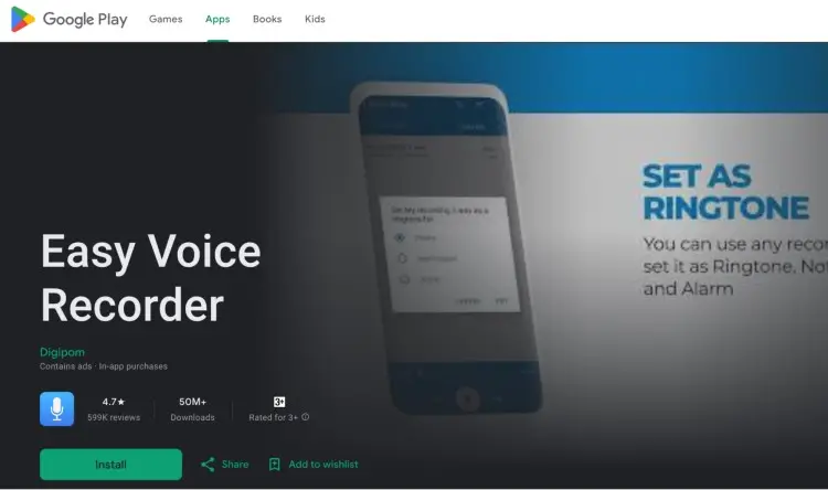 Easy Voice Recorder app listing on Google Play with install button and ringtone feature