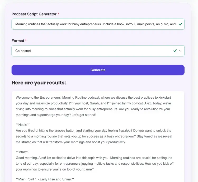 Screenshot showing a co-hosted podcast format generated script for a morning routines episode.