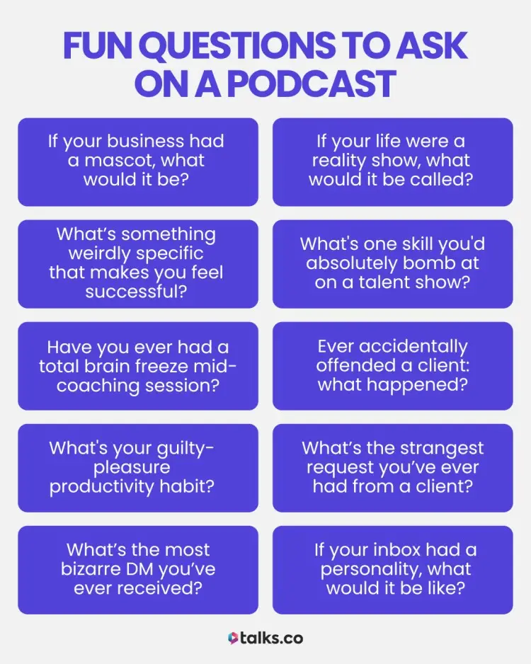 List of fun podcast questions to engage guests in lighthearted, personal conversations.
