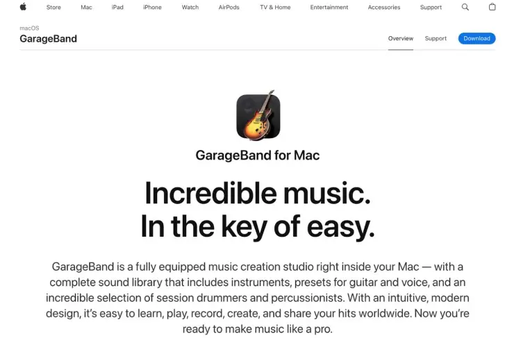 GarageBand recording software homepage showcasing its features as a free music and podcast editing tool for Mac users