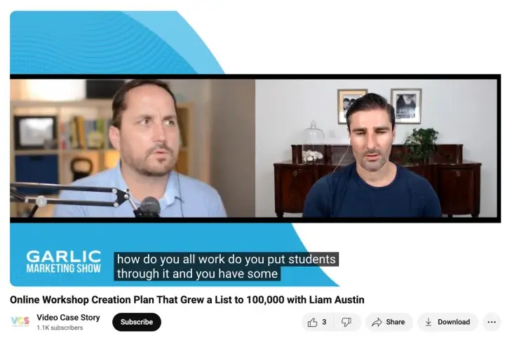 Garlic Marketing Show host asks Liam Austin questions to engage around growing an email list through online workshops.