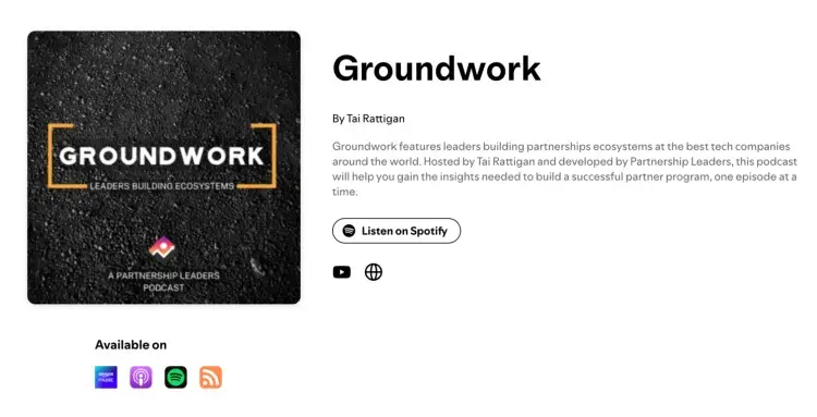 Visually appealing Groundwork podcast page featuring a textured black background with bold branding and platform links for listening.