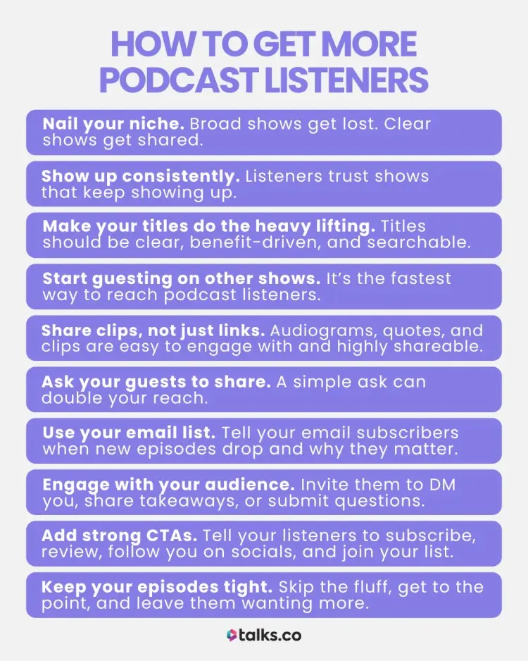 Strategies to grow the number of listeners for your podcast, shared by Talks.co