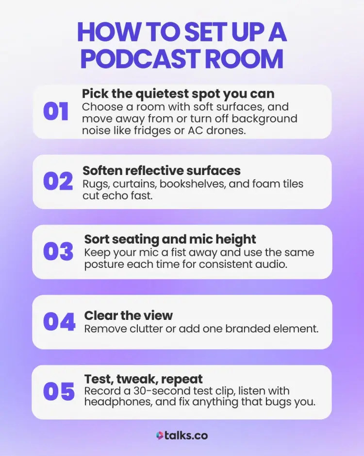 Infographic showing 5 steps on how to set up a podcast room to improve the sound quality of your podcasts.