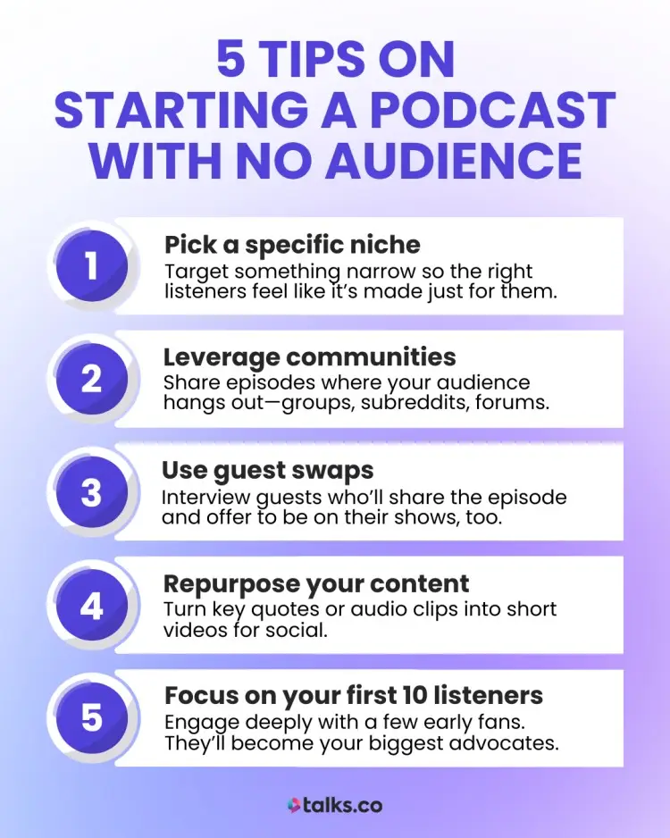 Infographic with 5 tips for launching a podcast without an audience, from choosing a niche to repurposing content.