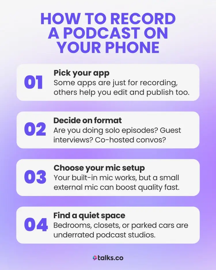 Infographic with four simple steps for recording a podcast on a phone