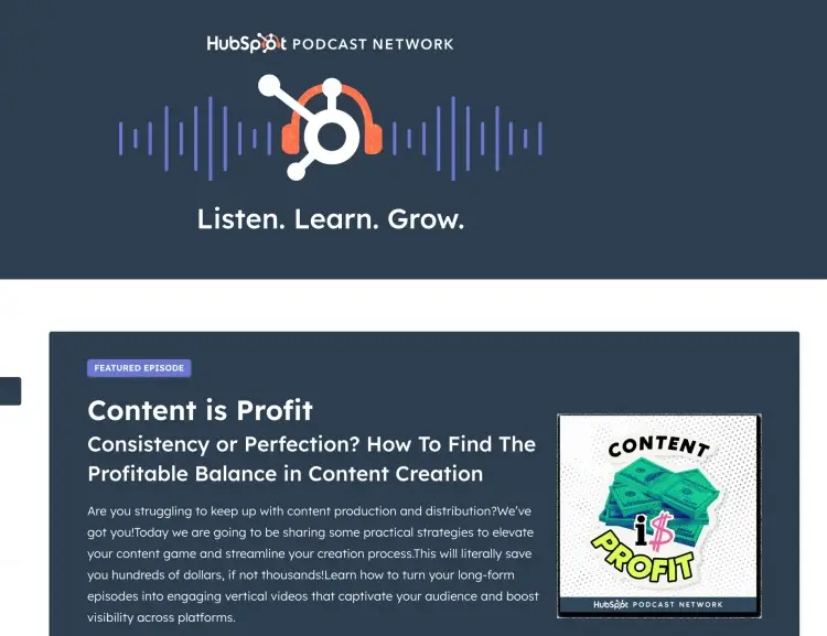Promotional feature of the "Content is Profit" podcast on the HubSpot Podcast Network, focusing on content creation strategies.