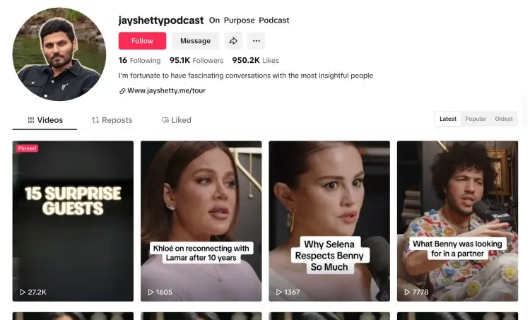 Jay Shetty’s TikTok profile showing short clips from his podcast episodes featuring Khloé Kardashian, Selena Gomez, and other guests.