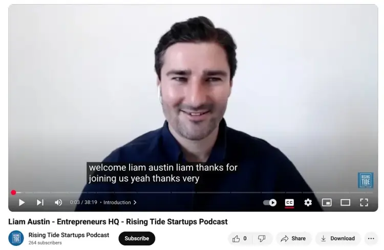 Screenshot from a podcast episode featuring Liam Austin on the Rising Tide Startups Podcast.