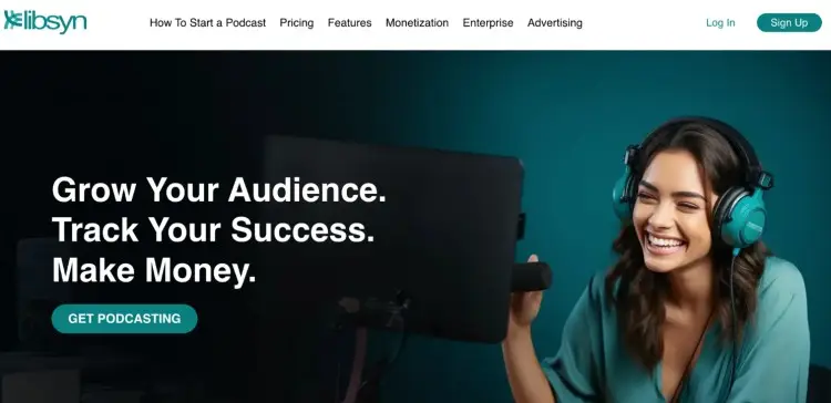 Libsyn homepage showcasing tools for podcast growth, tracking, and monetization with potential for network deals