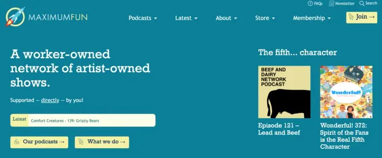 Maximum Fun homepage featuring comedy podcasts and highlighting its worker-owned, artist-driven model