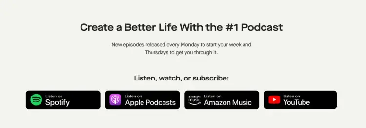 The Mel Robbins Podcast promotes its new episodes released every Monday and Thursday with links to listen on Spotify, Apple Podcasts, Amazon Music, and YouTube, highlighting its consistent podcast hosting schedule.
