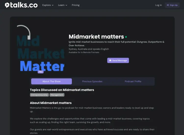 Midmarket Matters podcast creator profile on Talks.co showing an example of a podcast pitch deck with clear branding and professional layout.